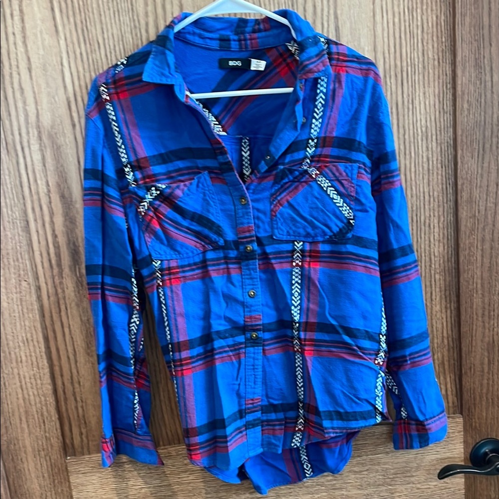 BDG: Women’s Flannel Blue and Red Plaid Button-Up Shirt